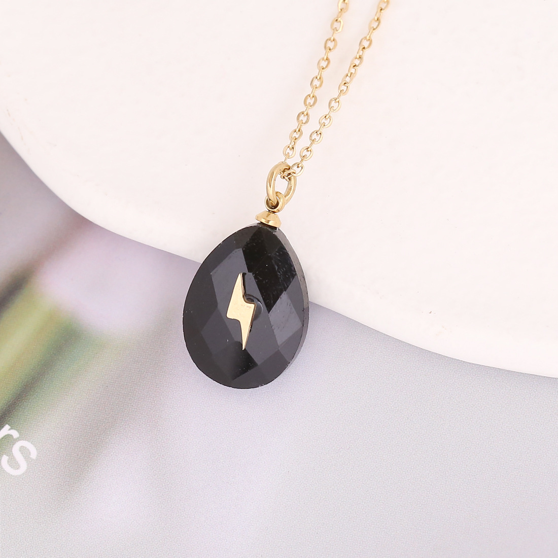 Water Drop Natural Stone Pendant Stainless Steel Necklace - Image 2