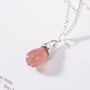 S925 Silver Natural Strawberry Crystal Magnolia Pendants