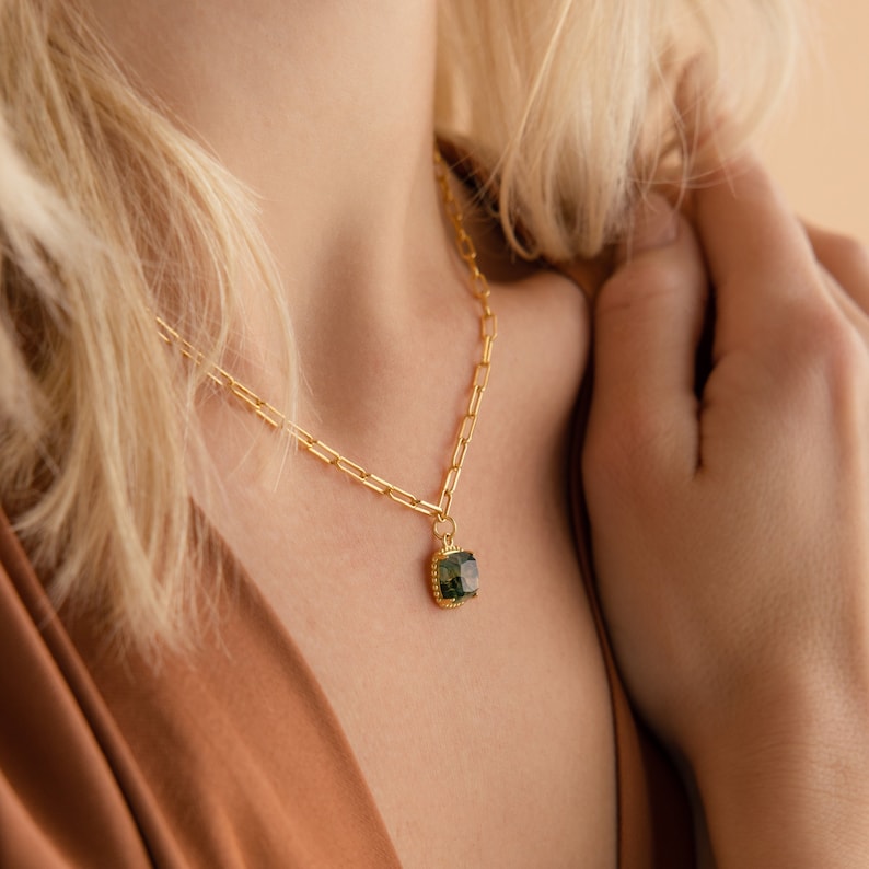 Agate Pendant Necklace Green Crystal Paper Clip Necklace - Image 4