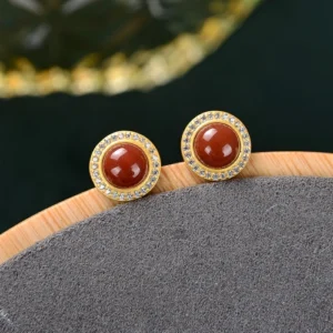 S925 Silver South Red Agate Classic Round Earrings