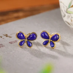 S925 Sterling Silver Vintage Lapis Lazuli Butterfly Earrings