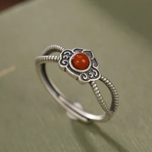 S925 Sterling Silver South Red Agate Hollow Rings