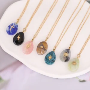 Water Drop Natural Stone Pendant Stainless Steel Necklace